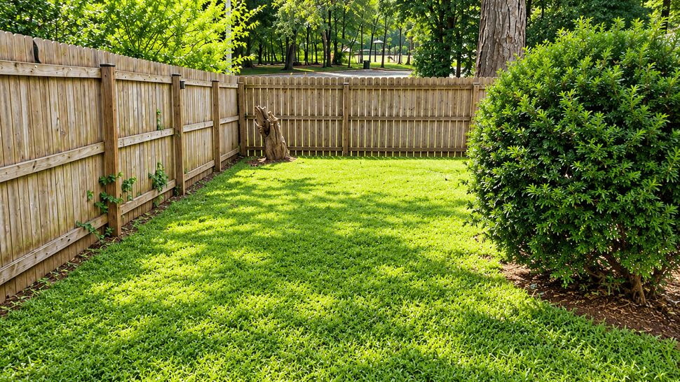 Fenced Backyard Outdoor Space | TSP Contracting Sunny fenced backyard with green grass, mature trees, shrubs, and decorative string lights.