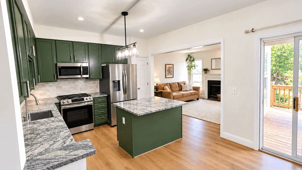 Open kitchen with green cabinets, marble countertops and center island