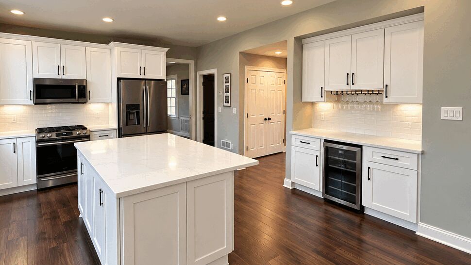 White Island Kitchen Renovation | TSP Contracting Bright white kitchen with island, stainless steel appliances, and dark wood flooring