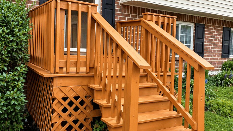 Wooden Front Entry and Siding | TSP Contracting New wooden front entry stairs and railings outside a brick and siding home
