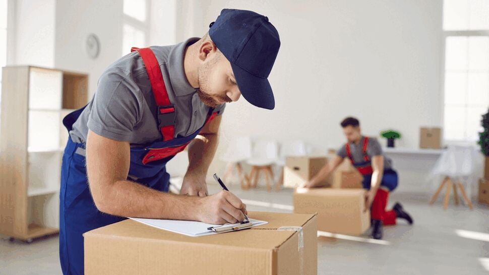Mover signing a clipboard on top of a cardboard box inside a bright room.