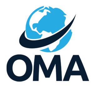 OMA globe logo with swoosh and bold OMA letters