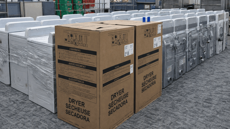 Boxed and wrapped dryers lined in a warehouse ready for storage.