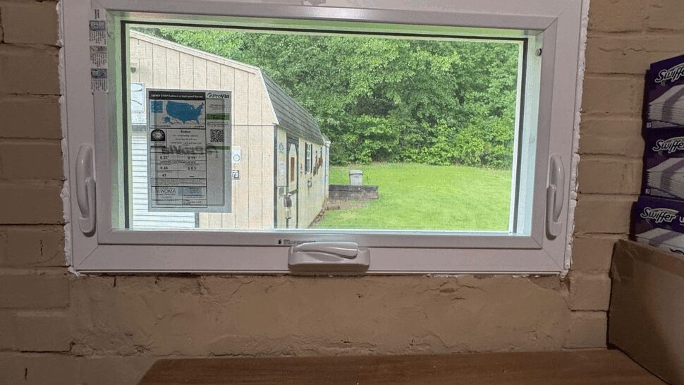 Small horizontal basement window with white frame and view of yard