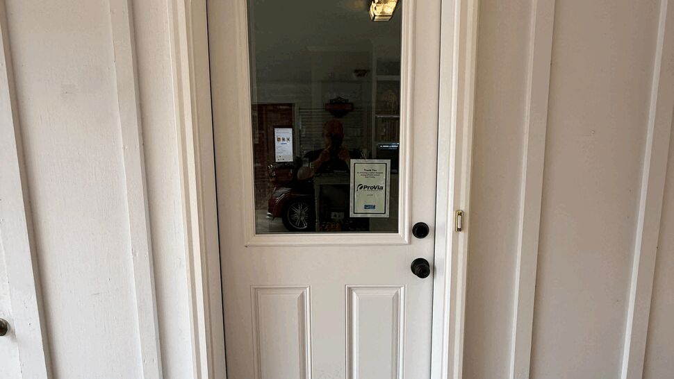 White exterior door with an upper glass panel set into a painted garage wall