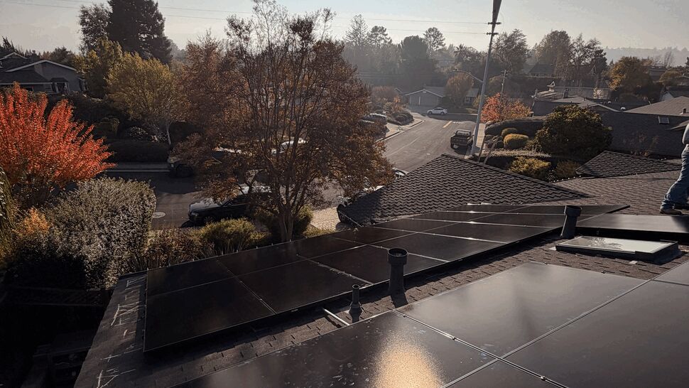Sunlight reflecting on black solar panels with a suburban street and trees beyond.