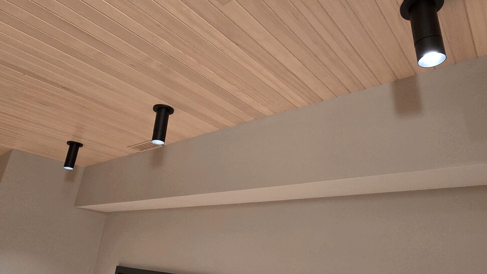 Modern black ceiling lights installed on custom wood plank ceiling in Issaquah WA home