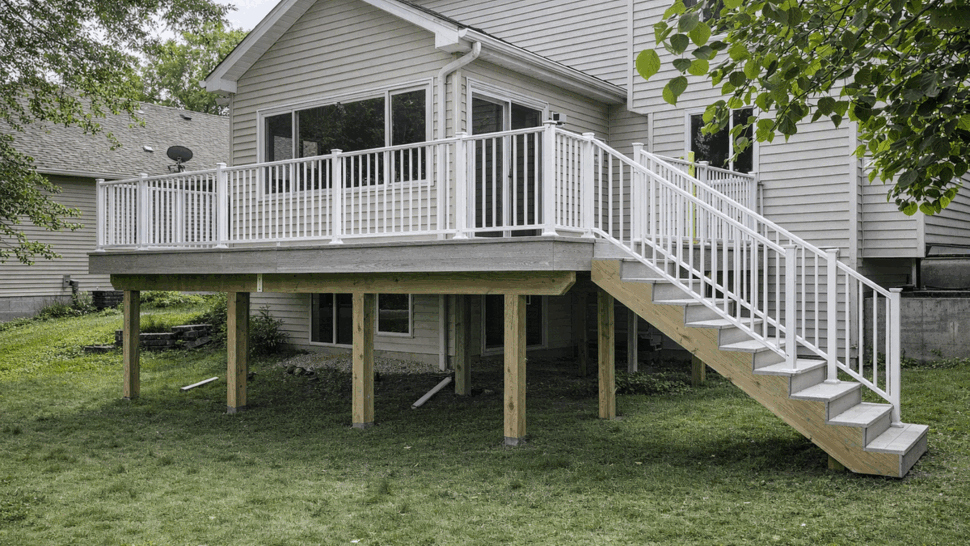 Raised gray composite deck with white railings and stairs behind a home