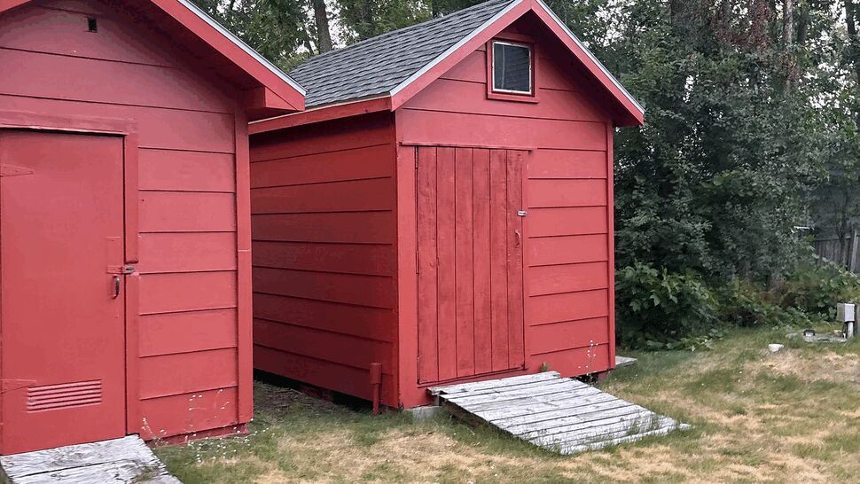 Two red storage sheds with new shingled roofs in yard