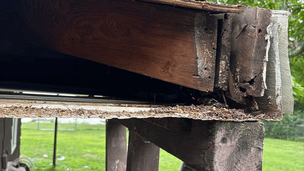 Rotten Fascia at Eave Needing Repair | Lutgen Companies Rotten fascia board and exposed wood at eave with drill on top
