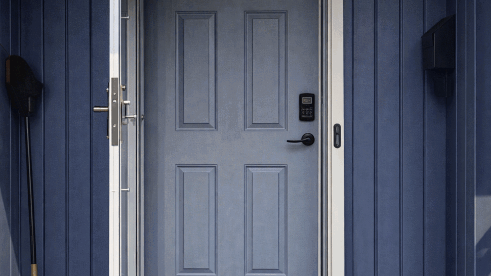 Gray paneled front door slightly open with keypad lock and blue siding