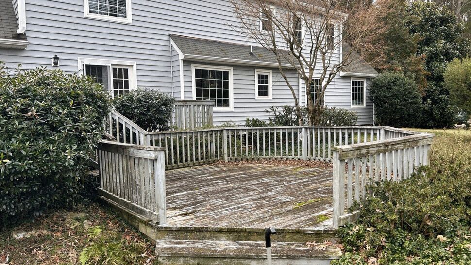 Aged Deck Renovation Before | Exterior Source Virginia Aged backyard deck with peeling boards, moss, and weathered wood railings