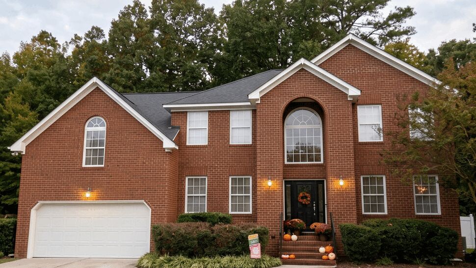 Brick home with dark shingle roof, white trim, gutters, and arched windows