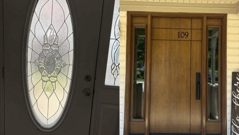 Split before and after of front entry showing decorative glass door replaced by solid wood door with sidelights and house number 109