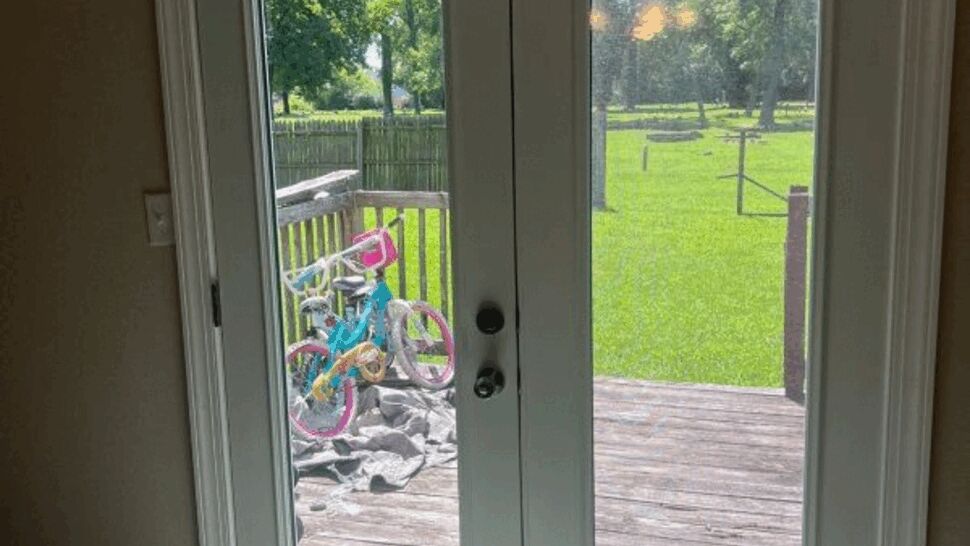 Interior view of white French patio doors opening onto wooden deck and yard