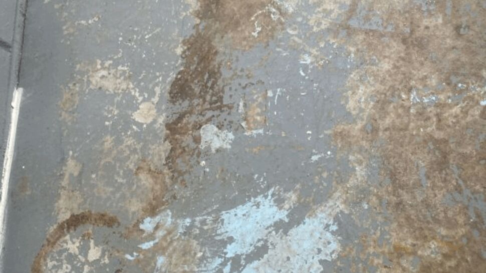 Worn, stained and peeling painted concrete floor in need of repair.