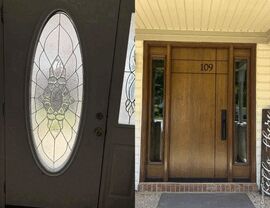 Split before and after of front entry showing decorative glass door replaced by solid wood door with sidelights and house number 109