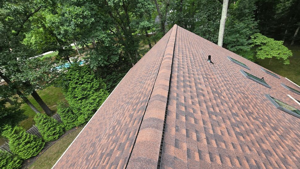 Brown shingle roof with ridge vent and multiple skylights above a wooded yard