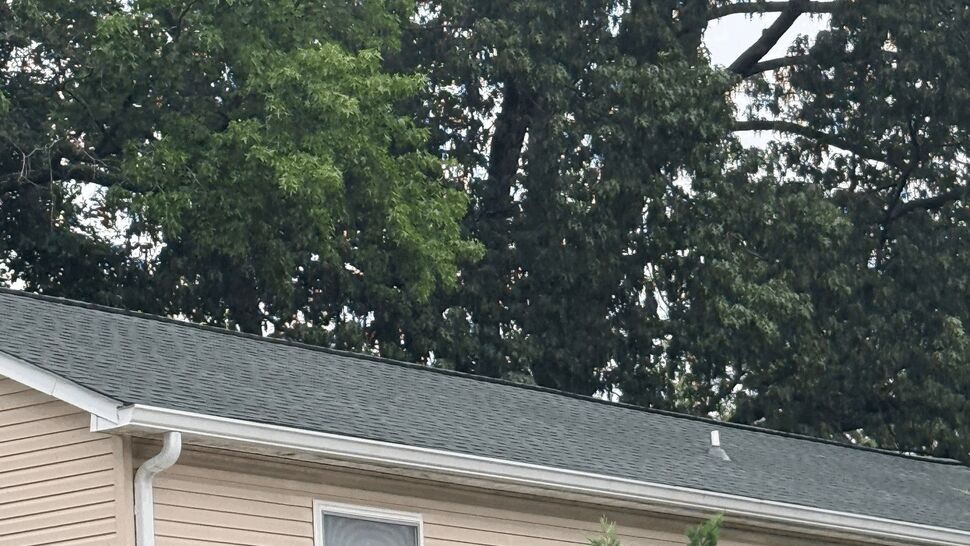 Close view of dark asphalt shingle roof and white gutter on beige house